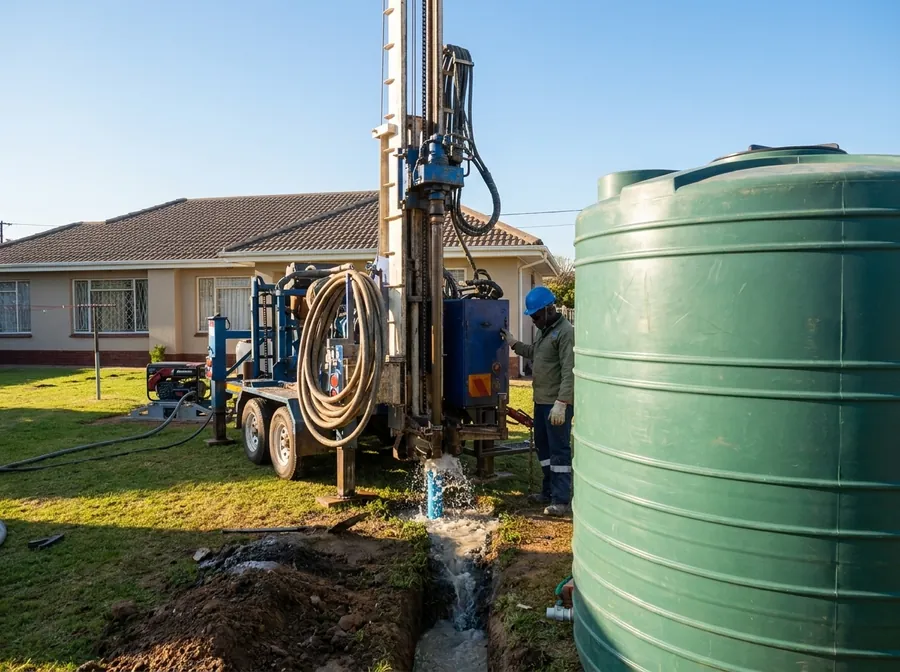 The local drilling crew with their rig and a new water tank at a finished job.