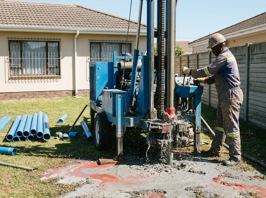 Blue percussion drilling rig boring a new borehole at a Western Cape home.
