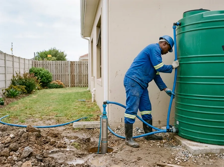 Technician fitting a borehole pump beside a poly water tank.