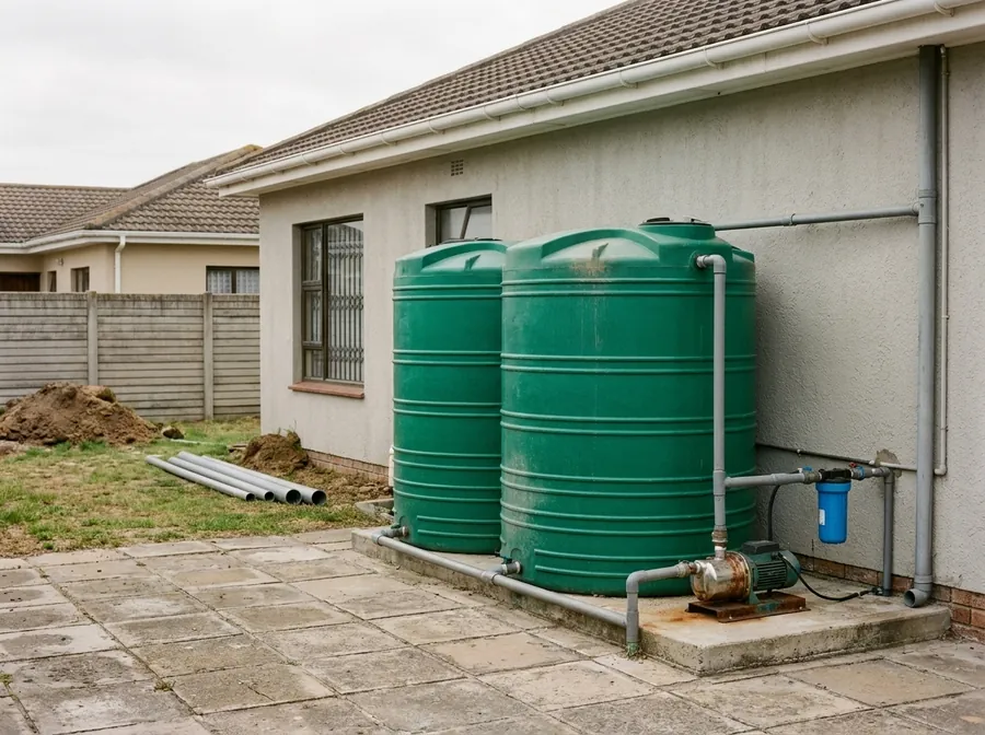 Twin water storage tanks and pressure system installed against a house wall.